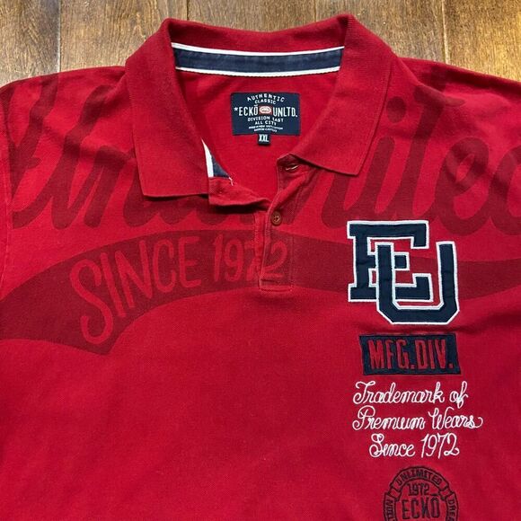Ecko Unltd Classic Fit Vintage Y2K 00s Red Navy Cotton Polo Shirt Men's Size XXL - Picture 2 of 9